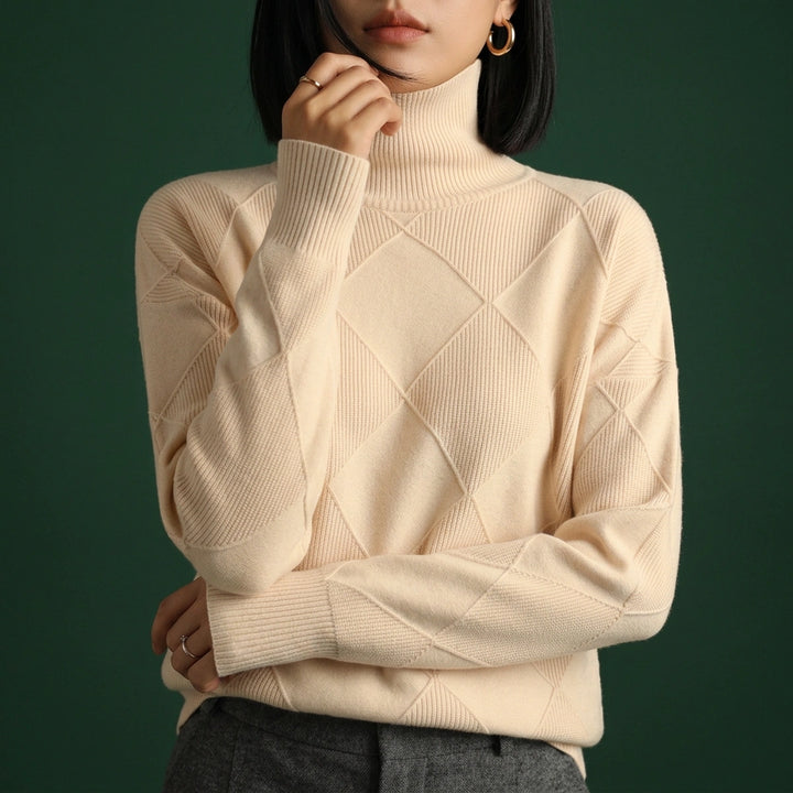 Adelaide Diamond Knit Turtleneck Sweater - Beige