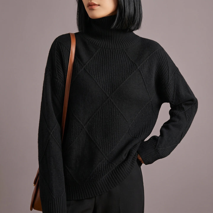 Adelaide Diamond Knit Turtleneck Sweater - Black