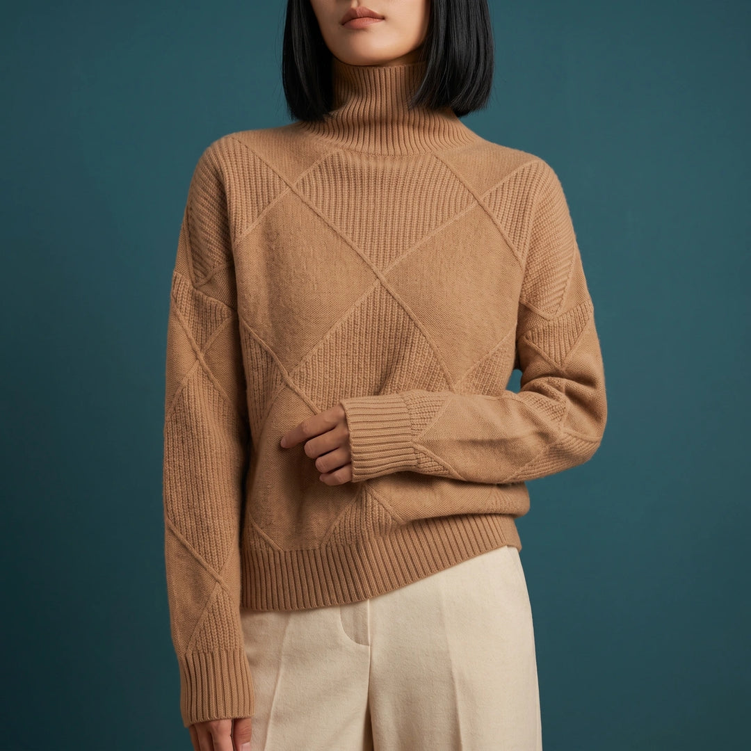 Adelaide Diamond Knit Turtleneck Sweater - Brown