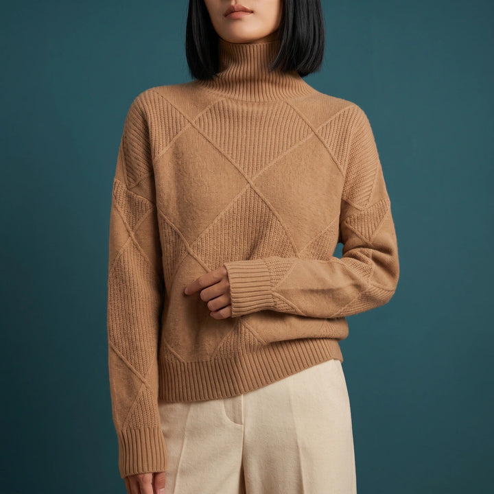 Adelaide Diamond Knit Turtleneck Sweater - Brown