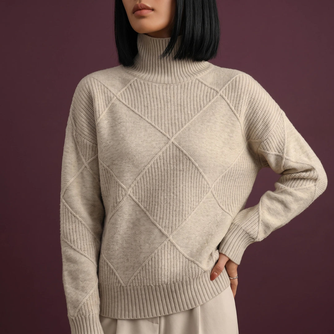 Adelaide Diamond Knit Turtleneck Sweater - Gray