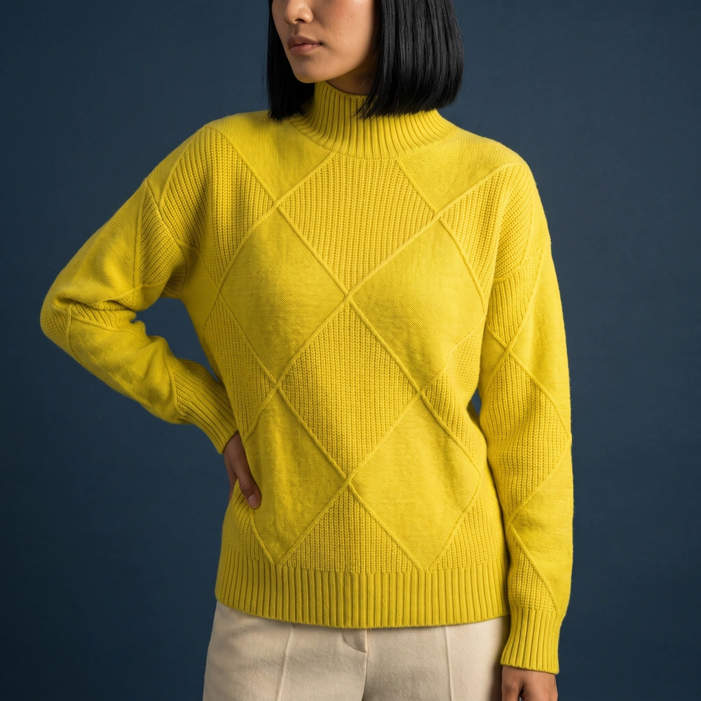 Adelaide Diamond Knit Turtleneck Sweater - Yellow