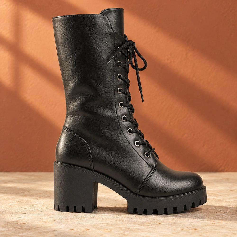 Allison Lug Sole Lace Up Mid Calf Boots - Black