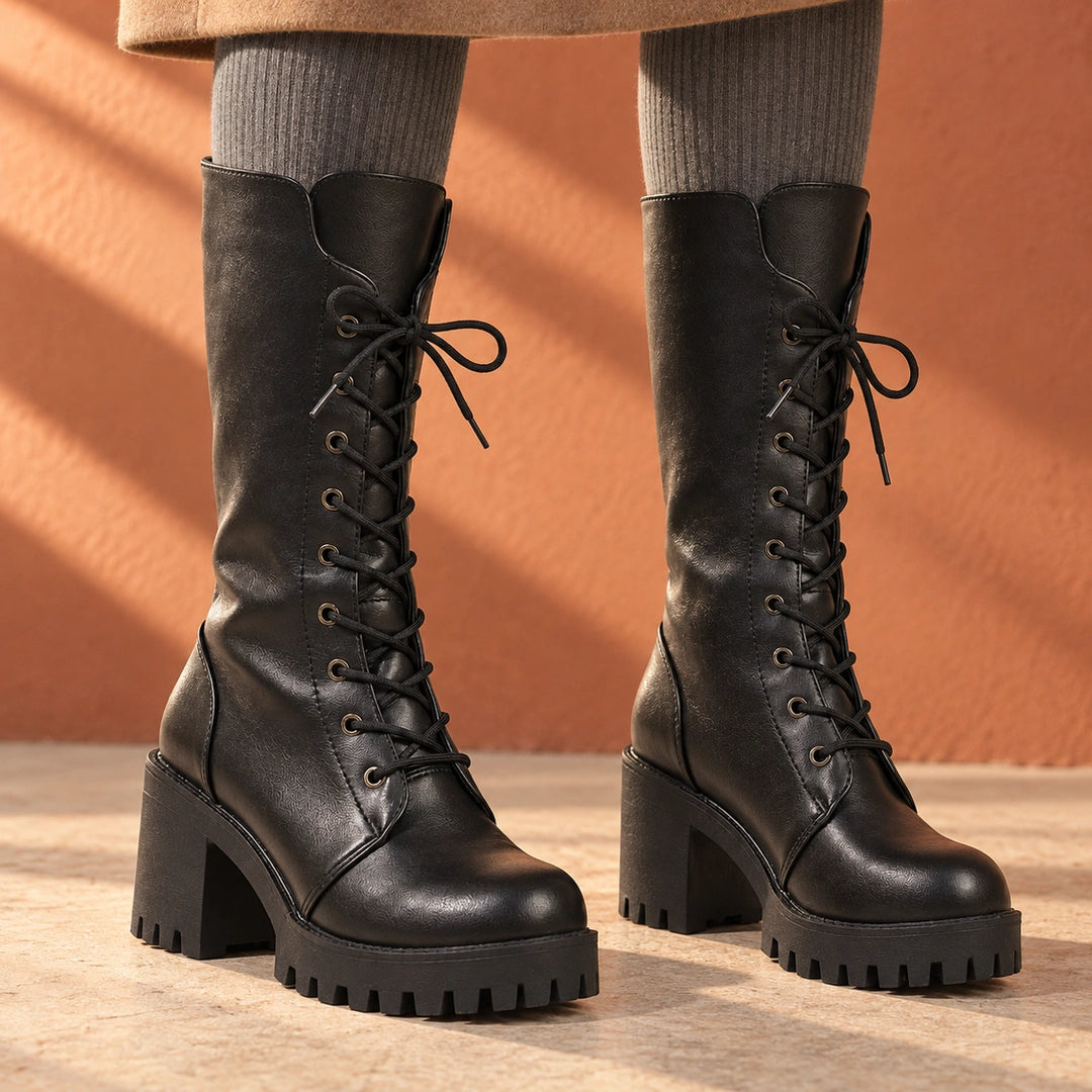 Allison Lug Sole Lace Up Mid Calf Boots - Black