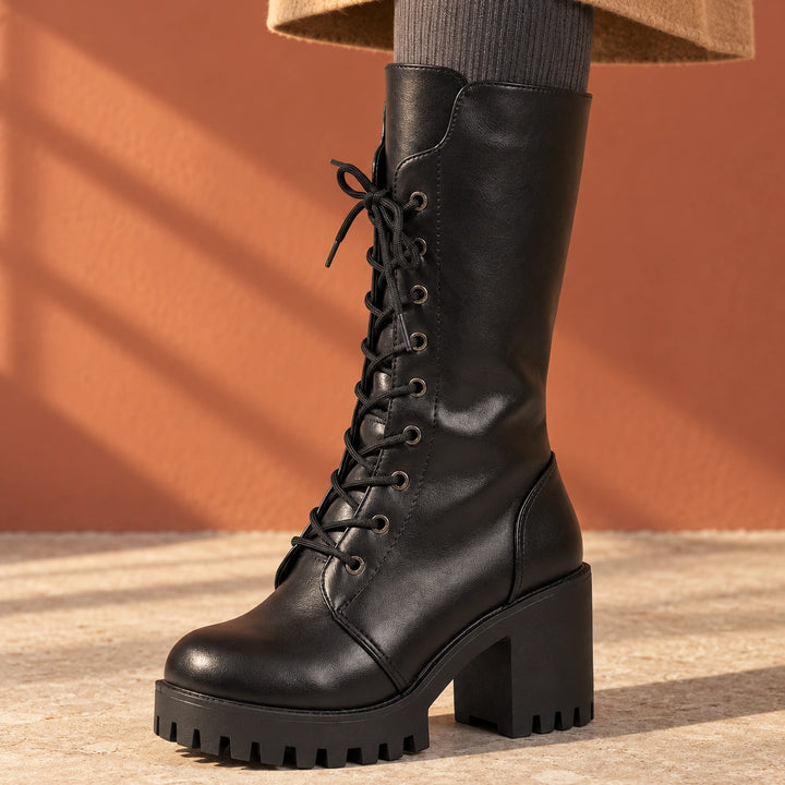 Allison Lug Sole Lace Up Mid Calf Boots - Black