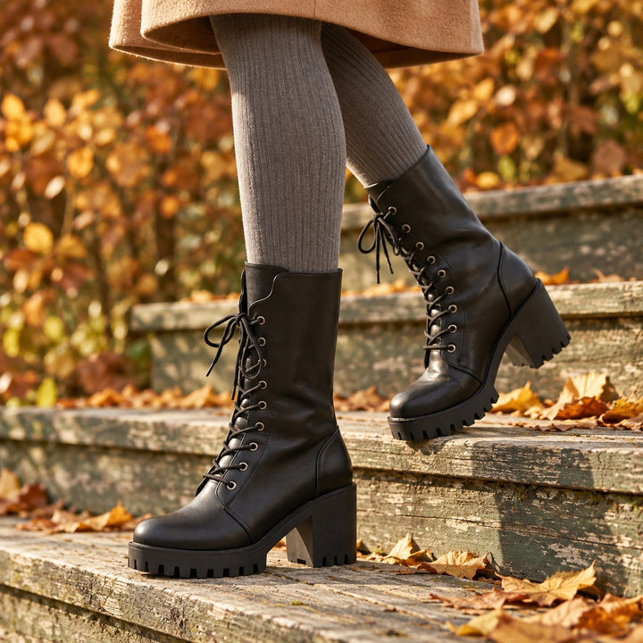 Allison Lug Sole Lace Up Mid Calf Boots - Black