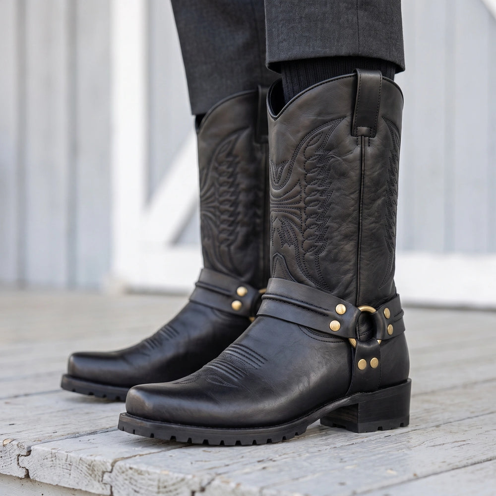 Alonzo Genuine Leather Harness Ring Western Boots - Black