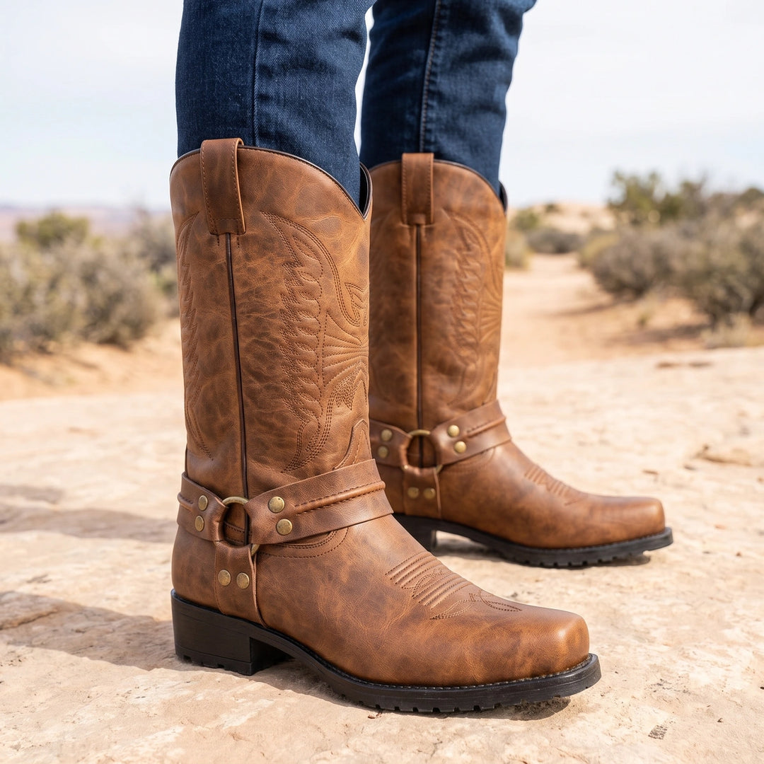 Alonzo Genuine Leather Harness Ring Western Boots - Brown