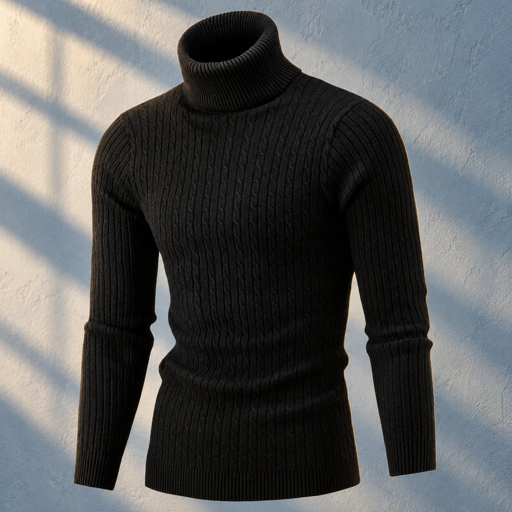 Alvin Slim Fit Cable Knit Turtleneck - Black