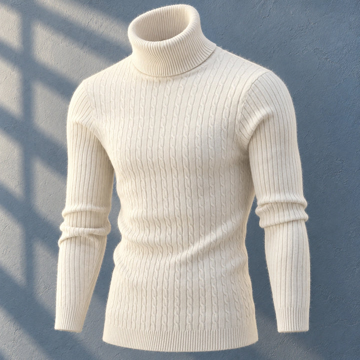Alvin Slim Fit Cable Knit Turtleneck - White