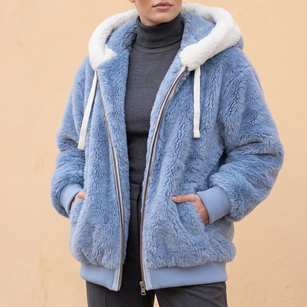 Amanda Contrast Hood Sherpa Zip Jacket - Blue