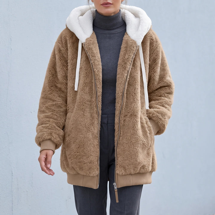 Amanda Contrast Hood Sherpa Zip Jacket - Brown