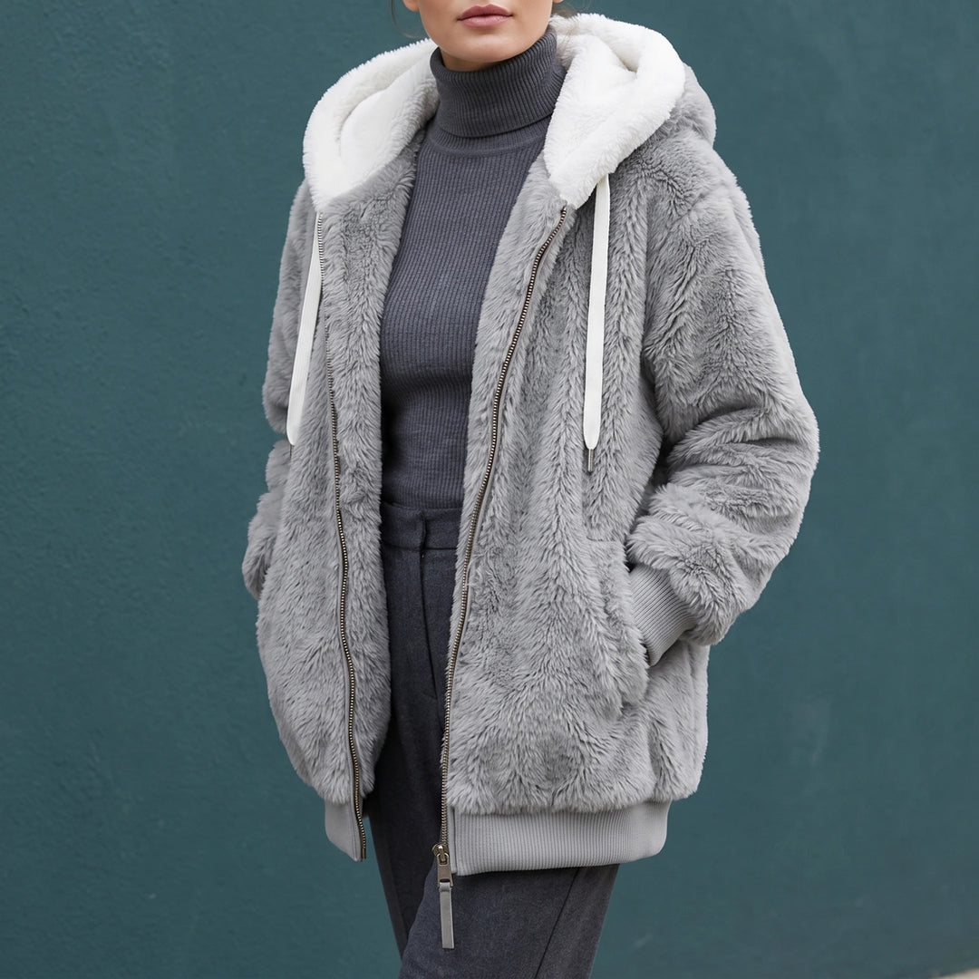 Amanda Contrast Hood Sherpa Zip Jacket - Gray