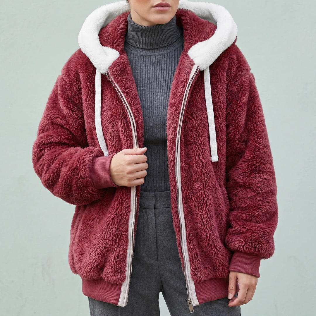 Amanda Contrast Hood Sherpa Zip Jacket - Red