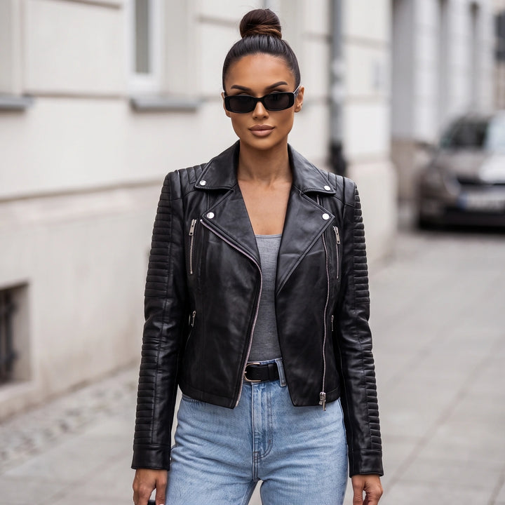 Amandine Quilted Biker Leather Jacket - Black