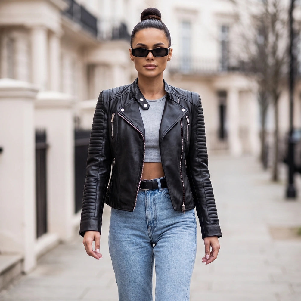 Amandine Quilted Biker Leather Jacket - Black