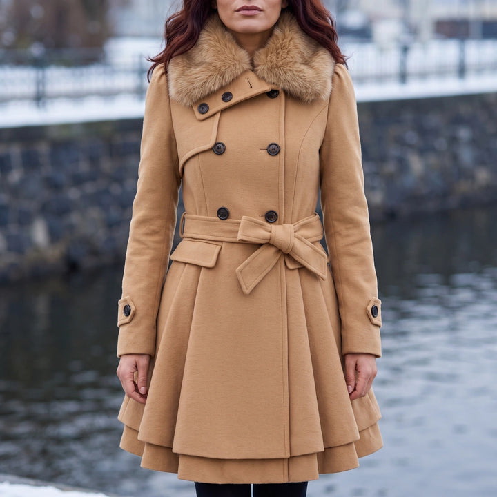 Anastasia Faux Fur Collar Bow Belt Skirted Coat - Beige