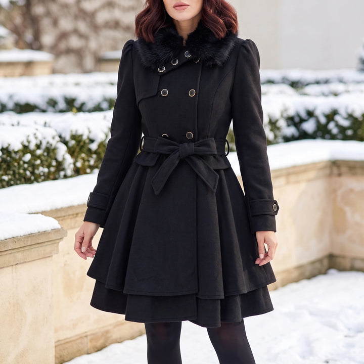 Anastasia Faux Fur Collar Bow Belt Skirted Coat - Black
