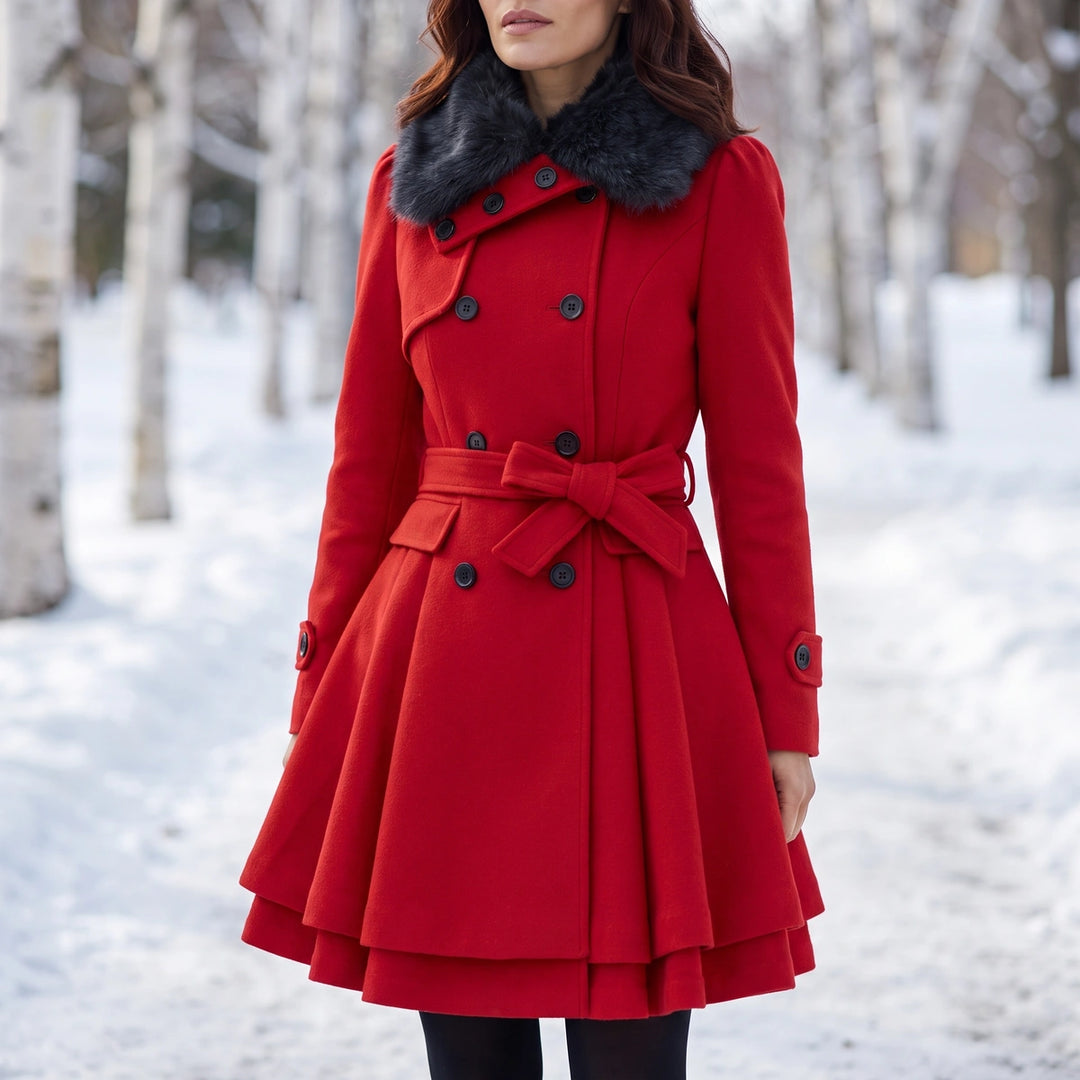 Anastasia Faux Fur Collar Bow Belt Skirted Coat - Red