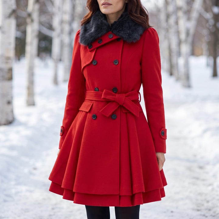Anastasia Faux Fur Collar Bow Belt Skirted Coat - Red