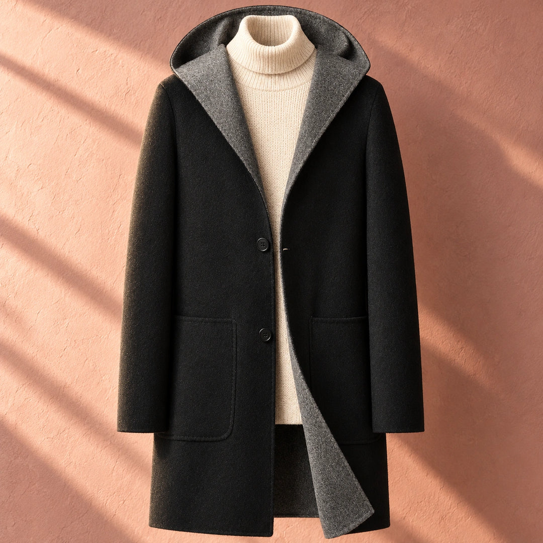 Andre Wool Blend Hooded Tailored Overcoat - Black