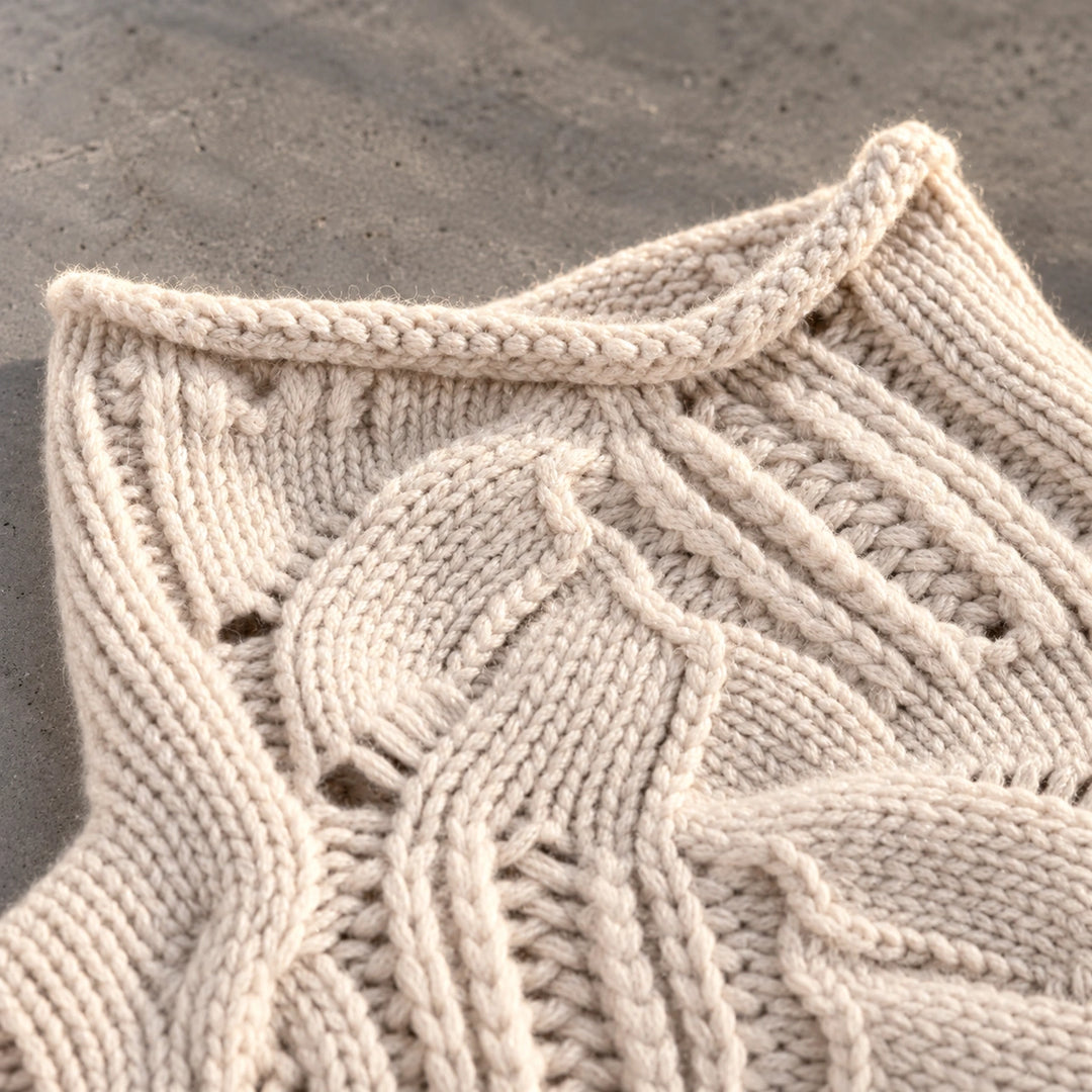 Andrea Pointelle Cable Knit Mock Neck Sweater - Beige