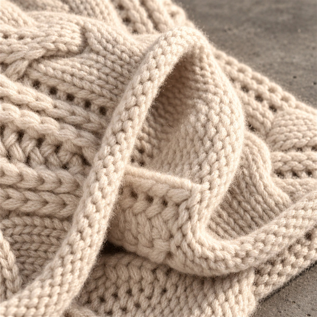 Andrea Pointelle Cable Knit Mock Neck Sweater - Beige