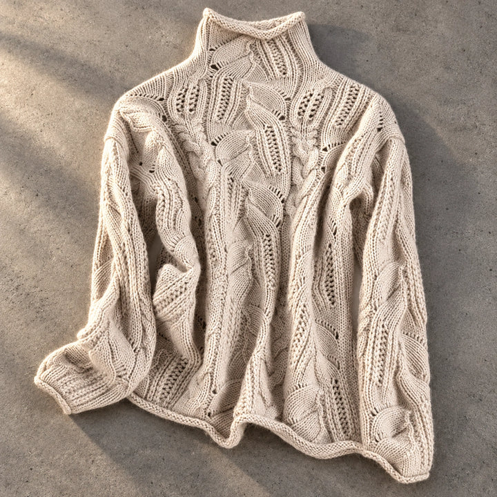 Andrea Pointelle Cable Knit Mock Neck Sweater - Beige