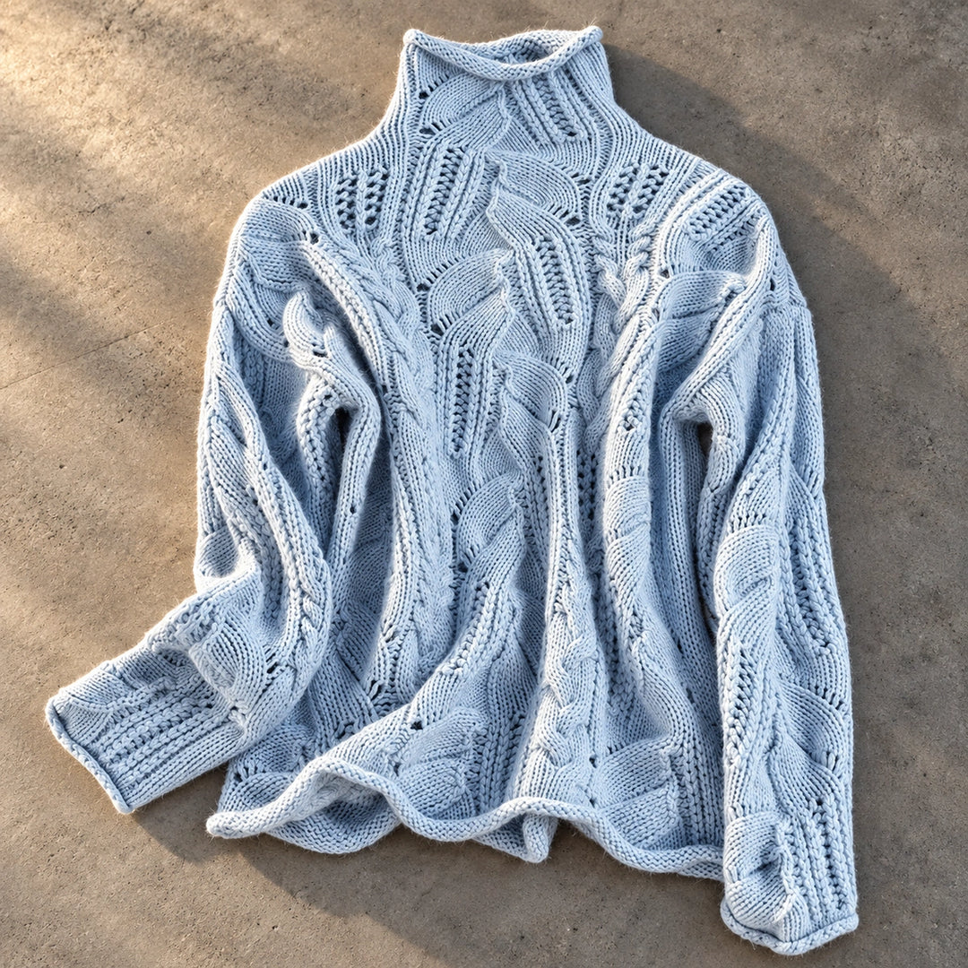 Andrea Pointelle Cable Knit Mock Neck Sweater - Blue