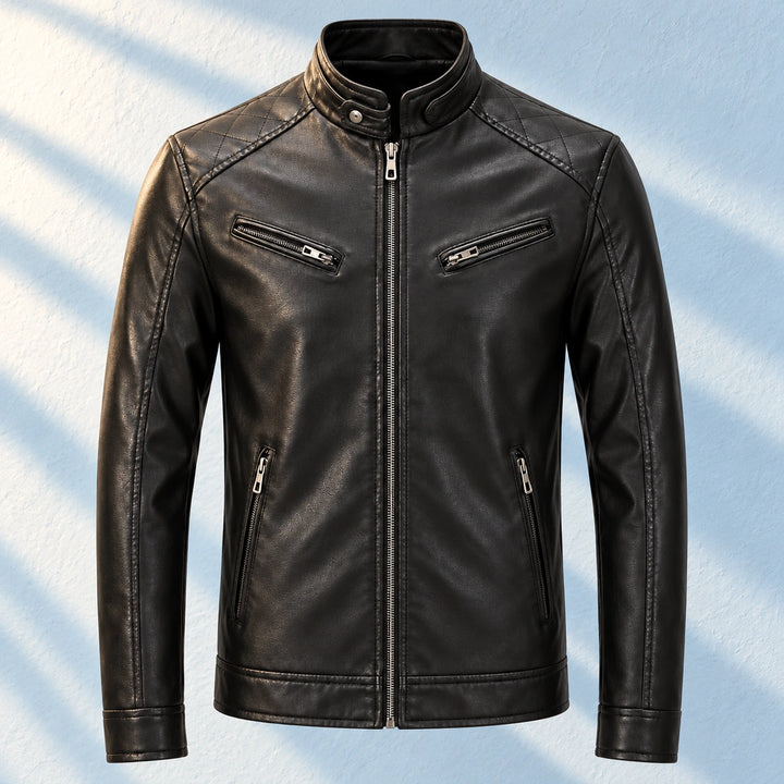 Angus Vegan Leather Quilted Shoulder Moto Jacket - Black