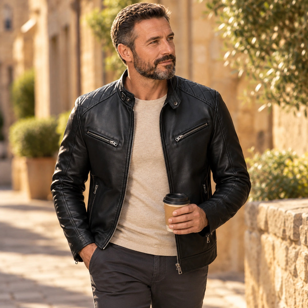 Angus Vegan Leather Quilted Shoulder Moto Jacket - Black