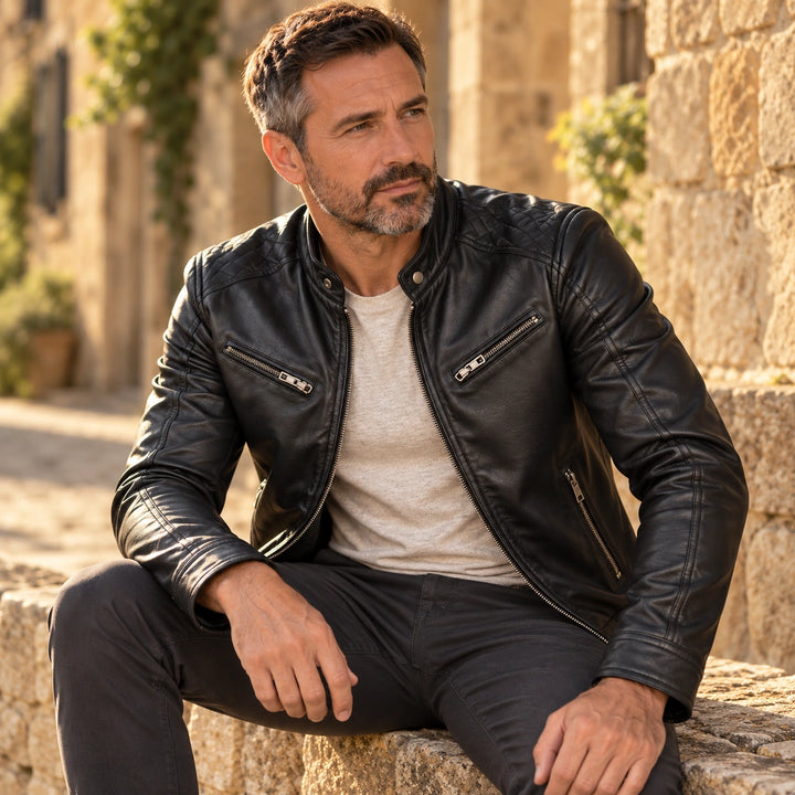 Angus Vegan Leather Quilted Shoulder Moto Jacket - Black
