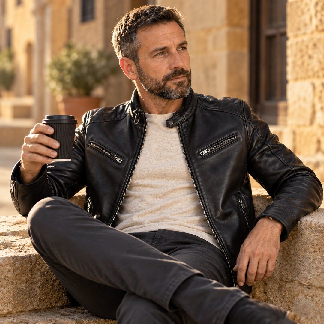 Angus Vegan Leather Quilted Shoulder Moto Jacket - Black