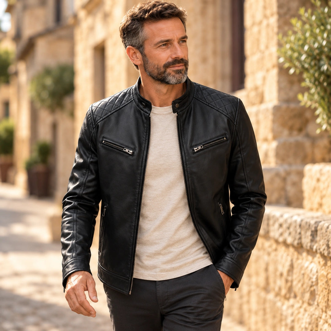 Angus Vegan Leather Quilted Shoulder Moto Jacket - Black