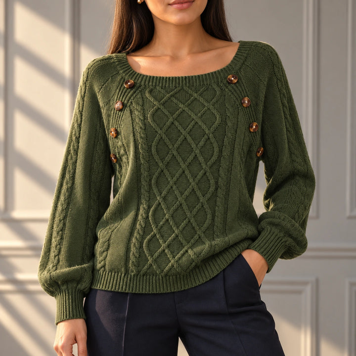 Anita Tortoiseshell Button Cable Knit Sweater - Army Green