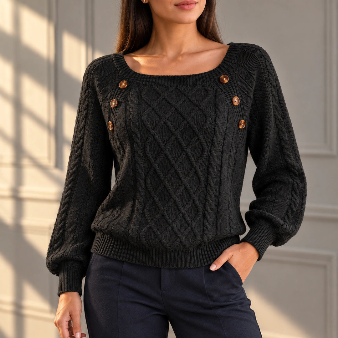 Anita Tortoiseshell Button Cable Knit Sweater - Black
