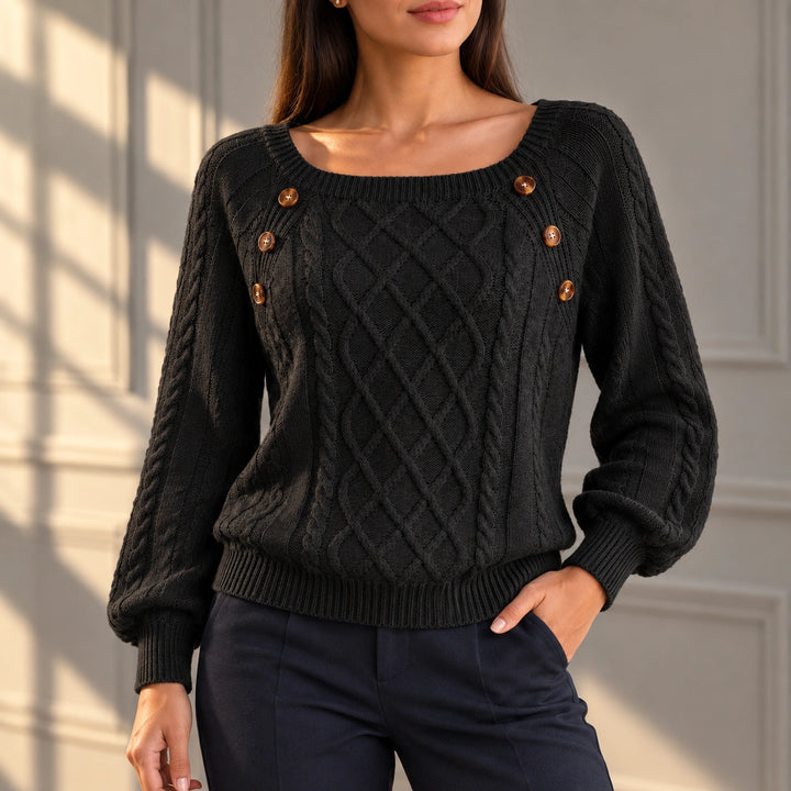 Anita Tortoiseshell Button Cable Knit Sweater - Black