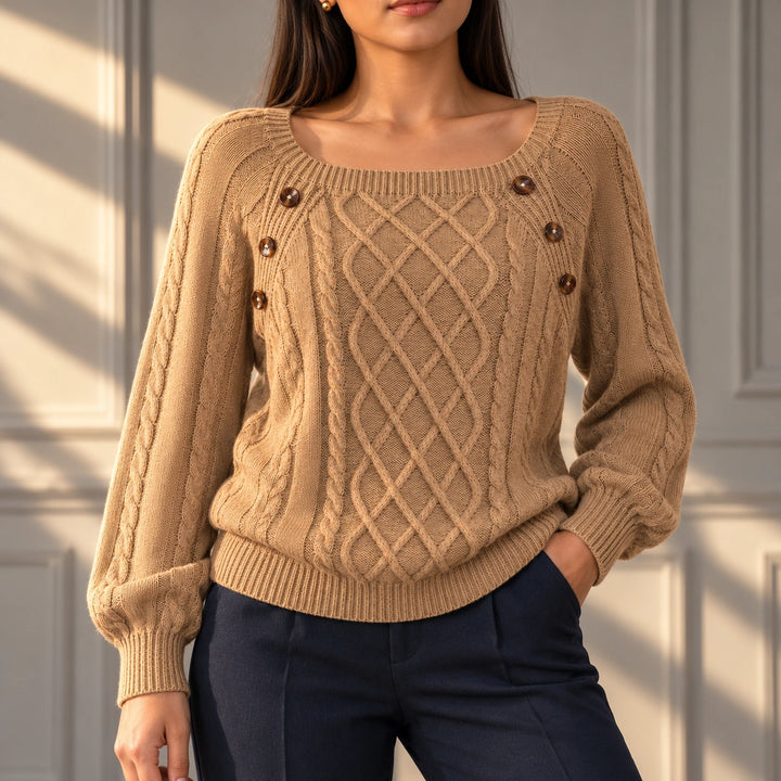 Anita Tortoiseshell Button Cable Knit Sweater - Khaki