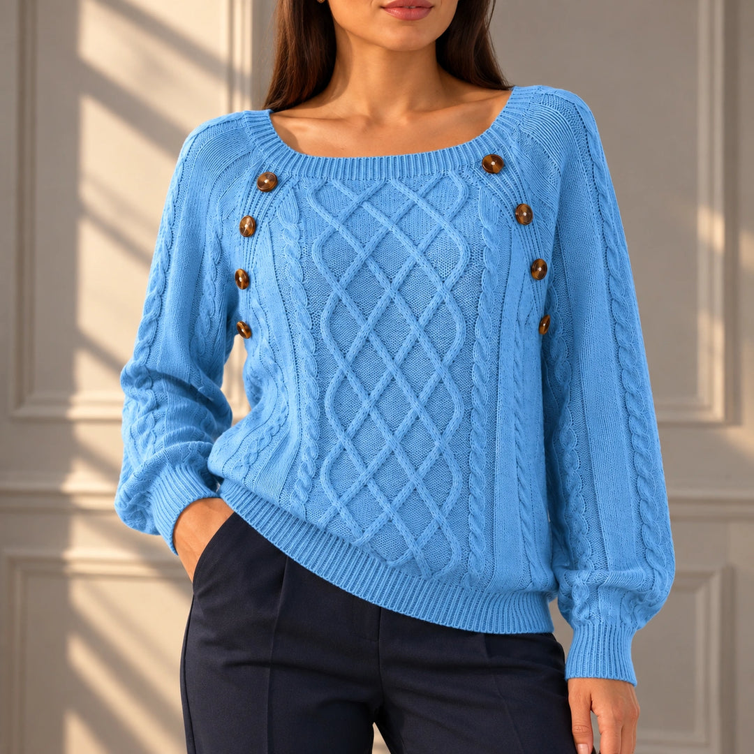 Anita Tortoiseshell Button Cable Knit Sweater - Sky Blue