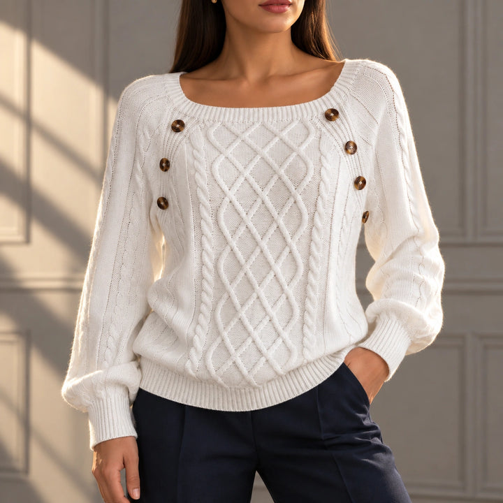 Anita Tortoiseshell Button Cable Knit Sweater - White
