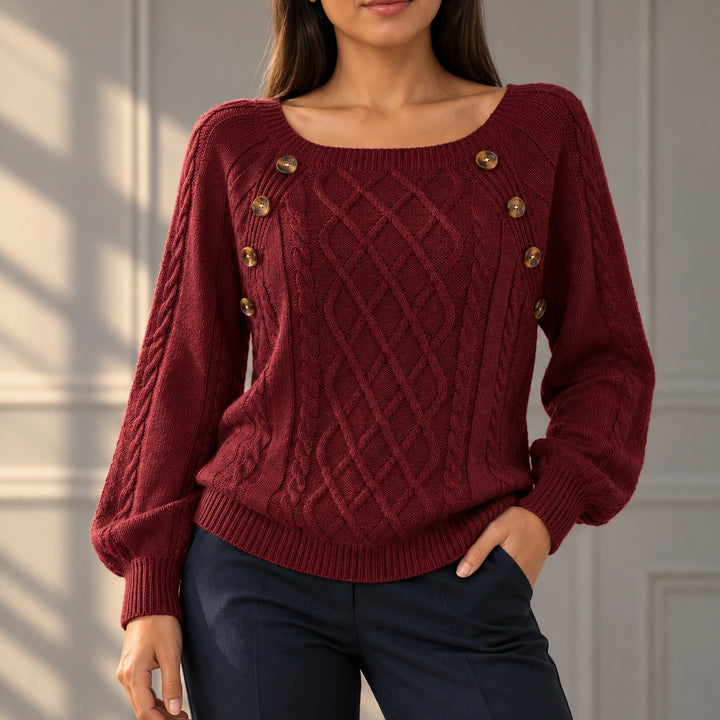 Anita Tortoiseshell Button Cable Knit Sweater - Wine Red