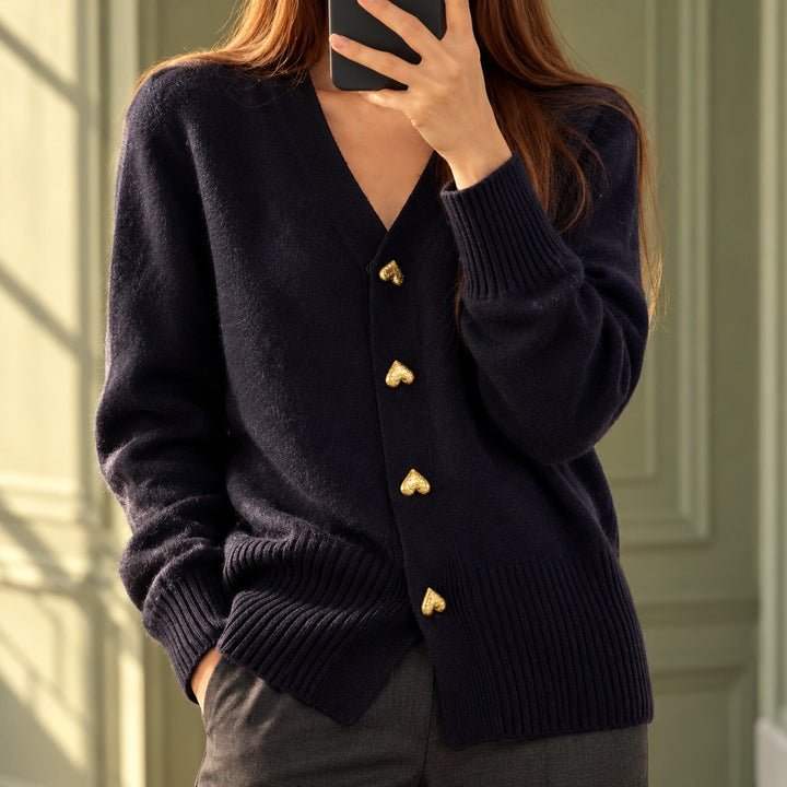 Anna Heart Button Ribbed V Neck Cardigan - Black