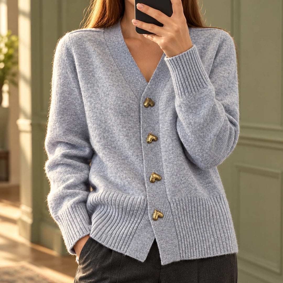 Anna Heart Button Ribbed V Neck Cardigan - Gray