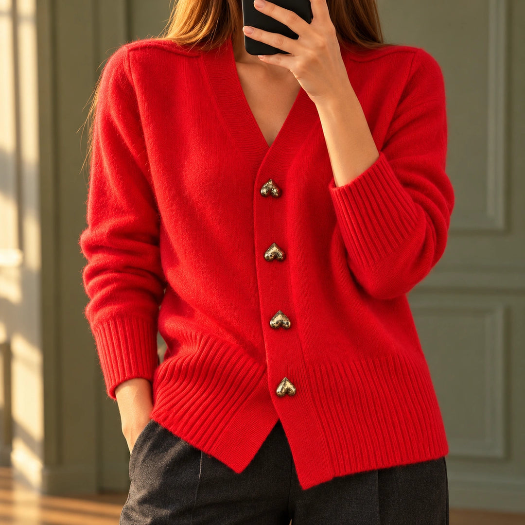 Anna Heart Button Ribbed V Neck Cardigan - Red