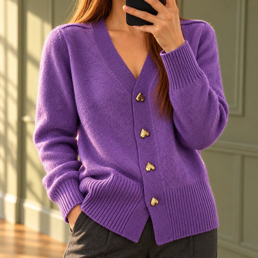 Anna Heart Button Ribbed V Neck Cardigan - Violet