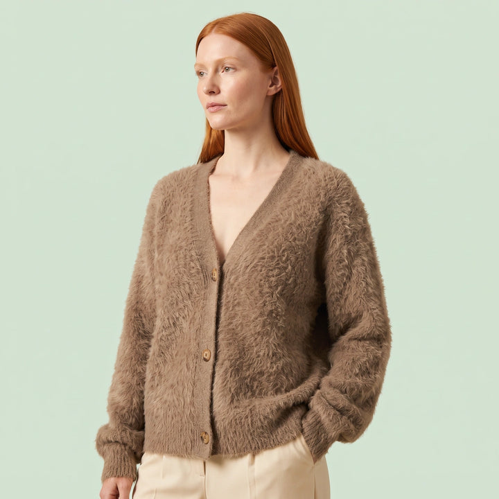 Anneliese Fluffy V Neck Button Cardigan - Brown