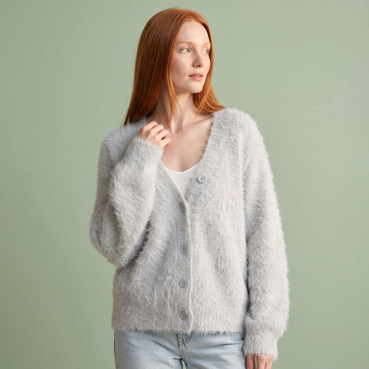 Anneliese Fluffy V Neck Button Cardigan - Gray