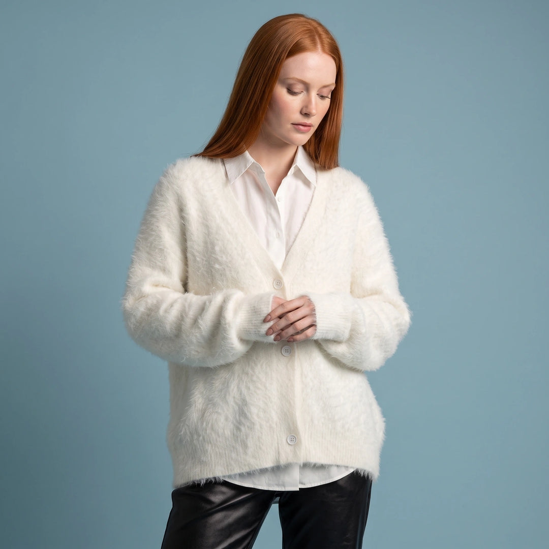 Anneliese Fluffy V Neck Button Cardigan - White