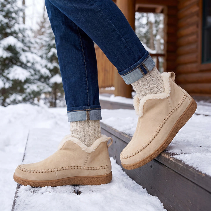Annora Suede Faux Fur Lined Bootie Slippers - Beige