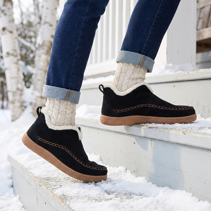 Annora Suede Faux Fur Lined Bootie Slippers - Black
